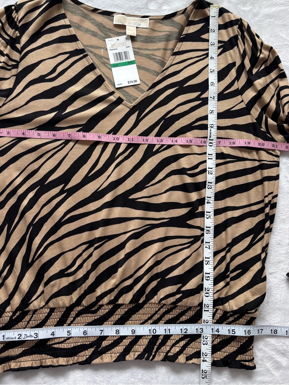 MICHAEL KORS Long Sleeve Tan & Black Zebra Print Smocked Waist Top--NWT--PL - Picture 14 of 15